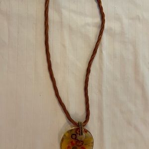 Vintage brown woven Necklace with Hand blown glass floral pendant